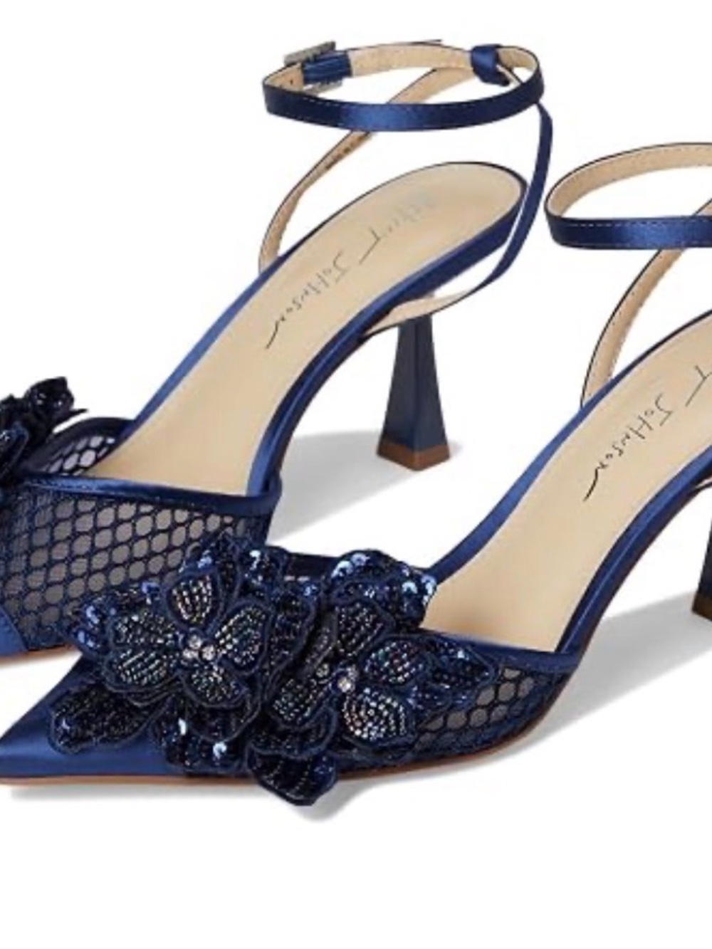Free People Navy Blue Embellished Mesh Pointed-Toe Heels